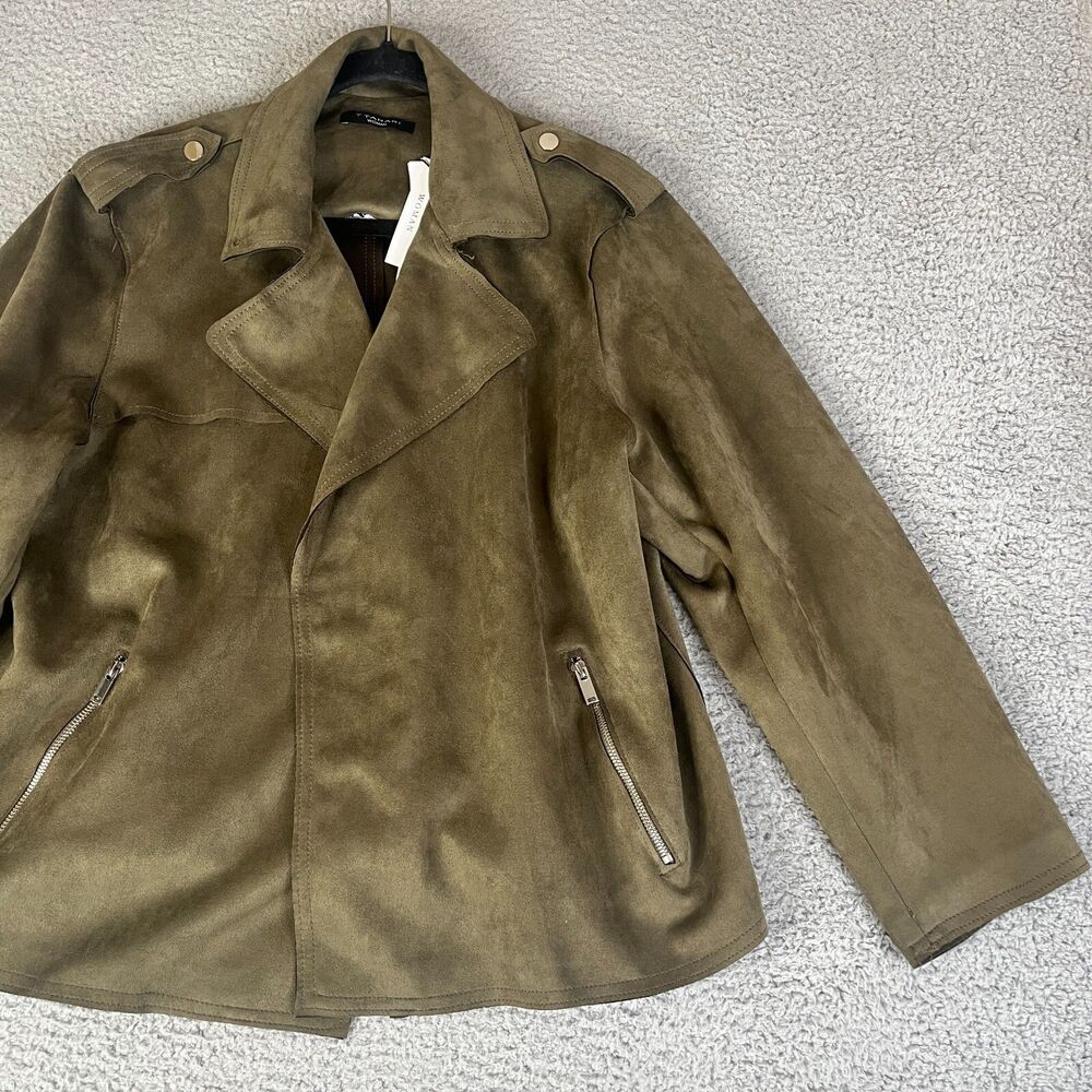 TAHARI Faux Vegan  Leather Cardigan Jacket Womens 2X 3/4 Sleeve Open Front Green